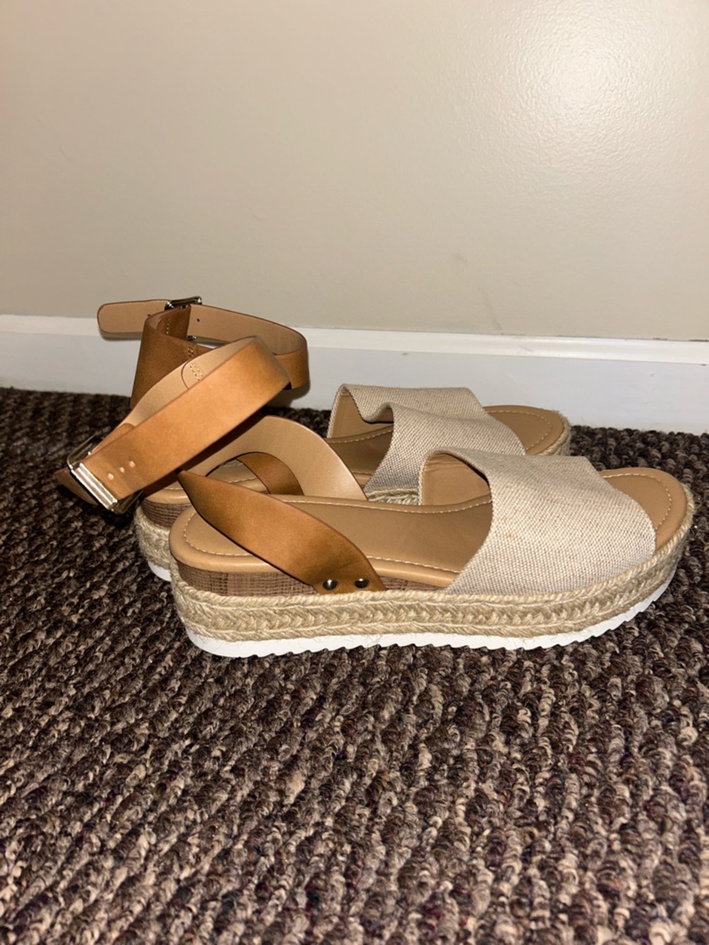 Soda Beige Canvas Espadrille Platform Sandals with Tan Ankle Strap